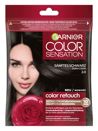 Opakowanie farby Garnier Color Sensation z modelką o ciemnych włosach i czerwoną różą