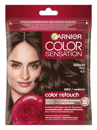 Opakowanie Garnier Color Sensation Color Retouch z modelką o brązowych włosach i różą