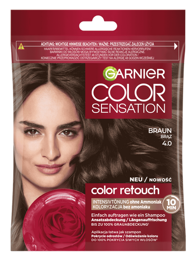 Opakowanie Garnier Color Sensation Color Retouch z modelką o brązowych włosach i różą
