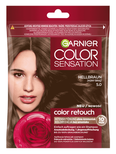 Opakowanie farby Garnier Color Sensation z modelką o brązowych włosach i różą