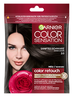 Opakowanie farby Garnier Color Sensation z modelką o ciemnych włosach i czerwoną różą