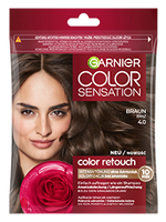 Opakowanie Garnier Color Sensation Color Retouch z modelką o brązowych włosach i różą