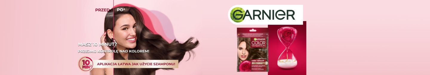 Uśmiechnięta kobieta prezentuje przemianę włosów „przed/po” na ciemny brąz, obok produkty Garnier