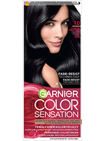 Opakowanie farby Garnier Color Sensation 1.0 Czarny z modelką o lśniących ciemnych włosach