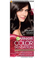 Opakowanie farby Garnier Color Sensation z uśmiechniętą modelką o ciemnych, falowanych włosach