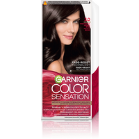 Opakowanie farby Garnier Color Sensation 3.0 Prestiżowy Brąz z uśmiechniętą modelką, na białym tle