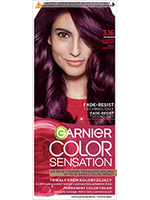Opakowanie farby Garnier Color Sensation 3.16 Głęboki Bordo z modelką o ciemnofioletowych włosach