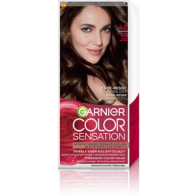 Opakowanie farby Garnier Color Sensation 4.0 Głęboki Brąz z uśmiechniętą modelką