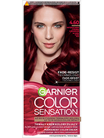 Opakowanie farby Garnier Color Sensation 4.60 Bordowy Granat z uśmiechniętą modelką o ciemnoczerwonych włosach