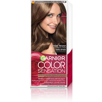 Opakowanie farby Garnier Color Sensation z uśmiechniętą modelką o jasnobrązowych włosach