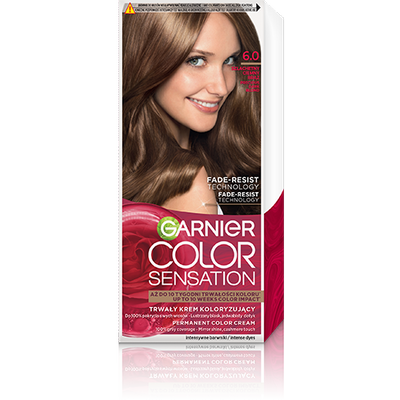 Opakowanie farby Garnier Color Sensation z uśmiechniętą modelką o jasnobrązowych włosach