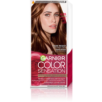 Opakowanie farby Garnier Color Sensation z modelką o jasnych rudo-brązowych włosach, biało-fuksjowe