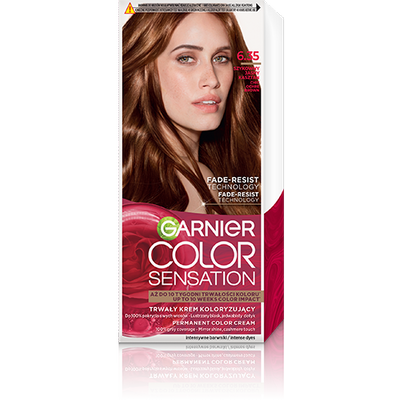 Opakowanie farby Garnier Color Sensation z modelką o jasnych rudo-brązowych włosach, biało-fuksjowe