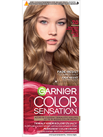 Opakowanie farby Garnier Color Sensation z modelką o falowanych jasnobrązowych włosach i różą