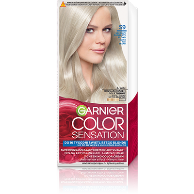 Opakowanie farby Garnier Color Sensation S9 z modelką o srebrzysto-popielatych blond włosach