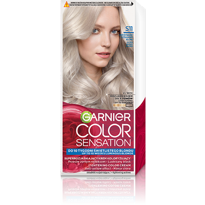Opakowanie farby S11 Ultrajasny Blond z modelką o długich, jasnych blond włosach