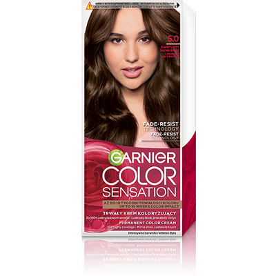 Białe opakowanie farby Garnier Color Sensation 5.0 Świetlisty Jasny Brąz z uśmiechniętą modelką
