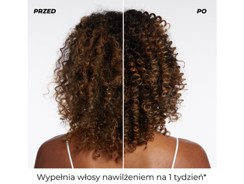 Kręcone brązowe włosy od tyłu w ujęciu „przed/po”: puszące się po lewej, gładsze po prawej