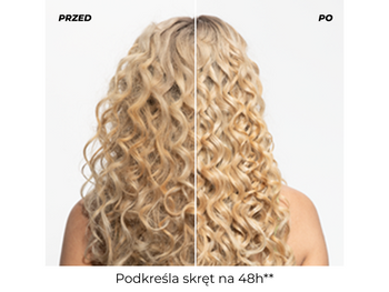 Blond, kręcone włosy w ujęciu „przed/po”, sprężystsze loki po prawej, na białym tle