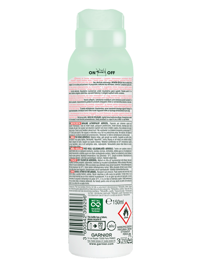 Jasnozielona puszka dezodorantu w sprayu Garnier Mineral z wielojęzyczną etykietą i ostrzeżeniami