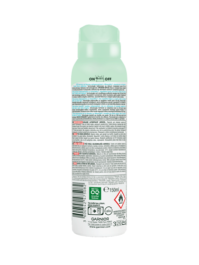 Jasnozielona puszka antyperspirantu Garnier, tylna etykieta z instrukcją i symbolem recyklingu