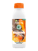Biała butelka odżywki Garnier Fructis Papaya Hair Food z pomarańczowym kapslem, na białym tle