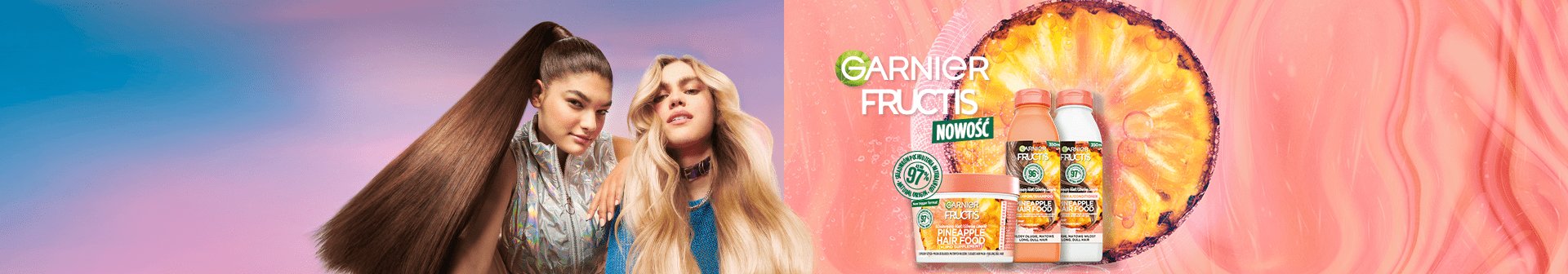 Dwie kobiety o długich włosach, produkty Garnier Fructis i plaster ananasa, na niebieskim tle