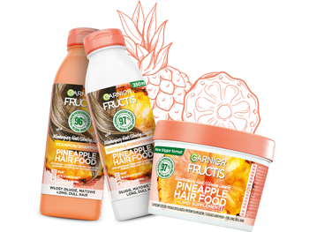 Trzy produkty Garnier Fructis Pineapple Hair Food ułożone ukośnie z ilustracjami ananasa