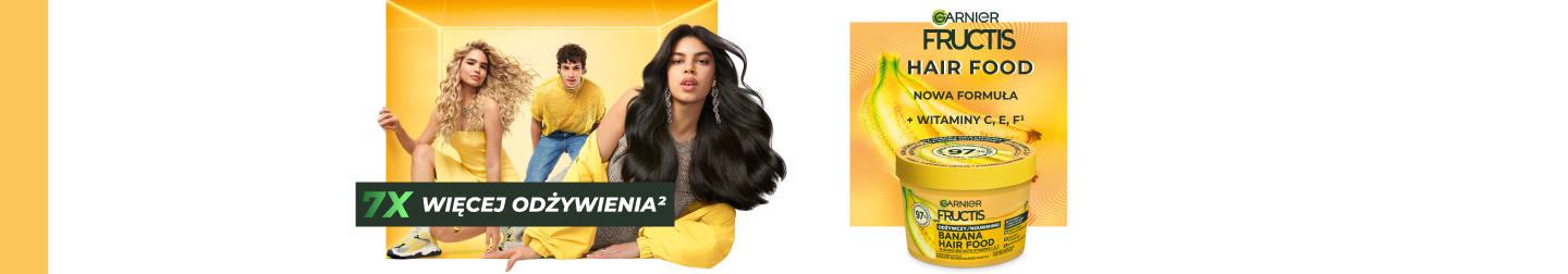 Trzej modele w żółtych strojach na świecącym żółtym tle, obok słoik Garnier Fructis Banana Hair Food
