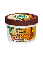 Biały słoik maski Garnier Fructis Macadamia Hair Food z brązową pokrywką i motywem orzechów