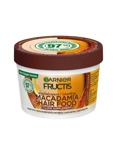 Biały słoik maski Garnier Fructis Macadamia Hair Food z brązową pokrywką, ustawiony pod skosem