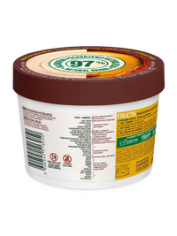 Biały słoik Garnier Fructis Macadamia Hair Food z brązową pokrywką, boczna etykieta ze składem