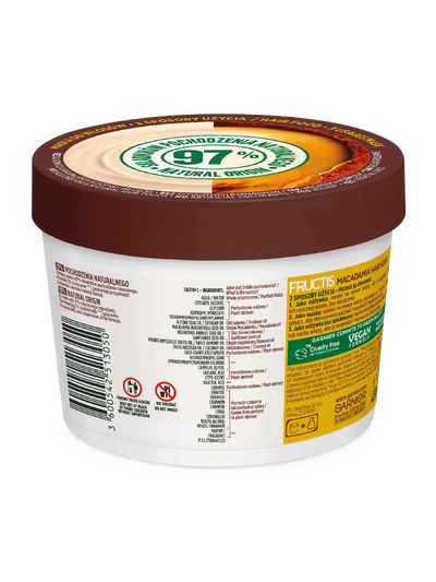 Biały słoik Garnier Fructis Macadamia Hair Food z brązową pokrywką, boczna etykieta ze składem
