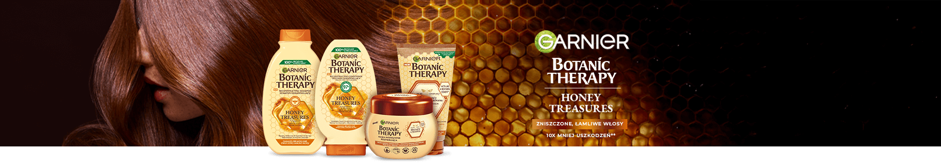 Produkty Garnier Botanic Therapy Honey Treasures obok brązowych włosów, na tle plastra miodu