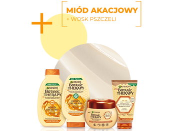 Cztery produkty Garnier Botanic Therapy Honey Treasures (szampon, odżywka, maska, krem), na białym tle