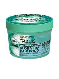 Turkusowy słoik maski Garnier Fructis Aloe Vera Hair Food z etykietą, na ciemnym tle