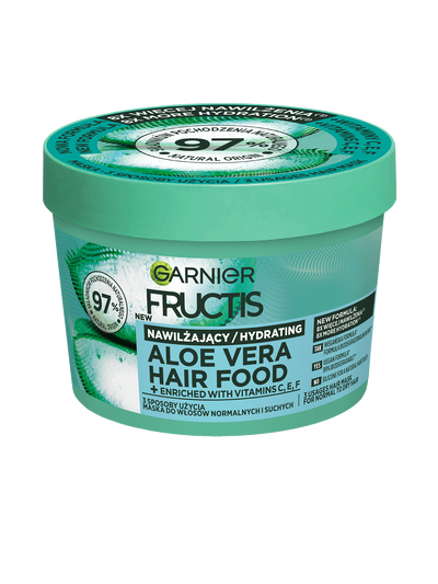 Turkusowy słoik maski Garnier Fructis Aloe Vera Hair Food z etykietą, na ciemnym tle
