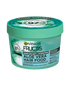 Turkusowy słoik maski Garnier Fructis Aloe Vera Hair Food z etykietą, na ciemnym tle