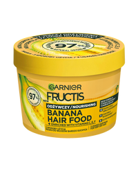 Żółty słoik maski Garnier Fructis Banana Hair Food do odżywiania, na białym tle