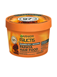 Pomarańczowy słoik maski regenerującej Garnier Fructis Papaya Hair Food, na czarnym tle