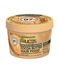 Jasnobrązowy, okrągły słoik Garnier Fructis Cocoa Butter Hair Food, pod skosem, na białym tle