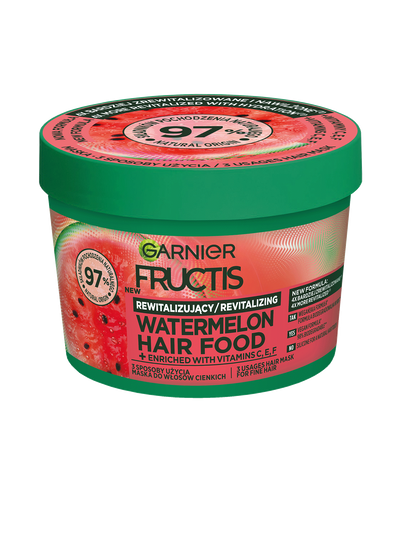 Słoik Garnier Fructis Watermelon Hair Food z zielonym wieczkiem i motywem arbuza