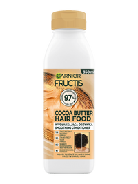 Biała butelka odżywki Garnier Fructis Cocoa Butter Hair Food z beżową etykietą