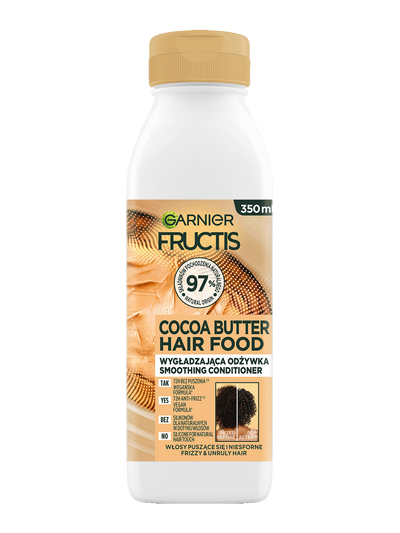 Biała butelka odżywki Garnier Fructis Cocoa Butter Hair Food z beżową etykietą