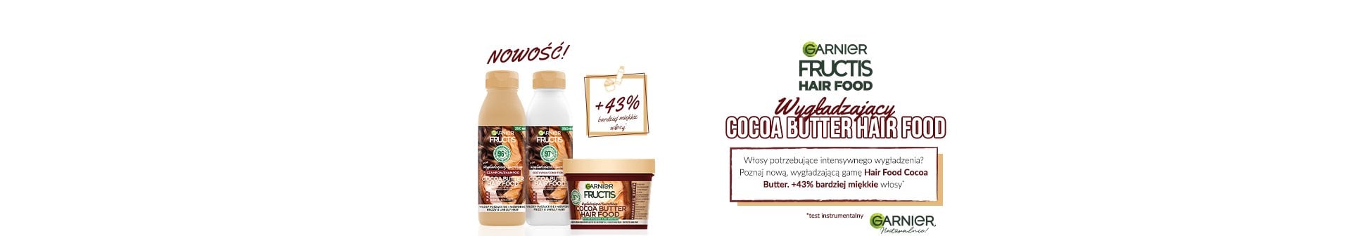 Trzy produkty Garnier Fructis Cocoa Butter Hair Food jako nowa linia wygładzająca do puszących się włosów
