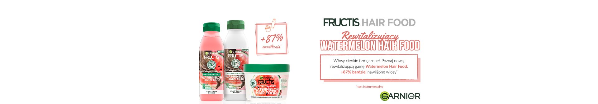 Trzy produkty Fructis Hair Food Watermelon (szampon, odżywka, maska), na białym tle
