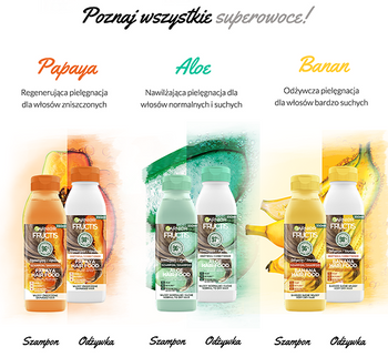 Trzy pary szamponów i odżywek Garnier Fructis Hair Food z ilustracjami papai, aloesu i arbuza