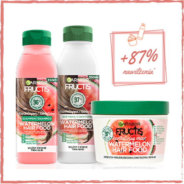 Szampon, odżywka i maska Garnier Fructis Watermelon Hair Food, na białym tle Szampon, odżywka i maska Garnier Fructis Watermelon Hair Food, na białym tle