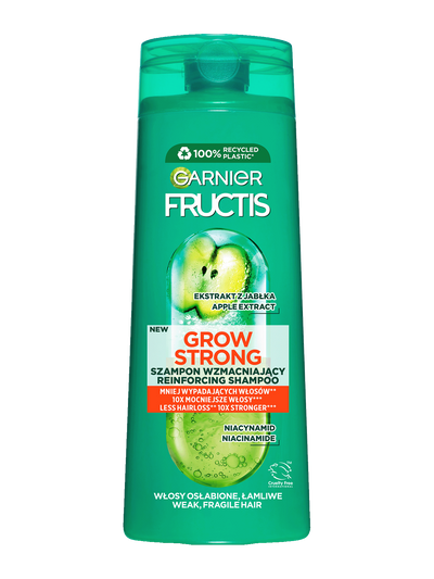 Turkusowa butelka szamponu Garnier, tylna etykieta z opisem produktu, na białym tle