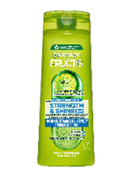 Limonkowa butelka wzmacniającego szamponu Garnier Fructis, tylna etykieta wielojęzyczna